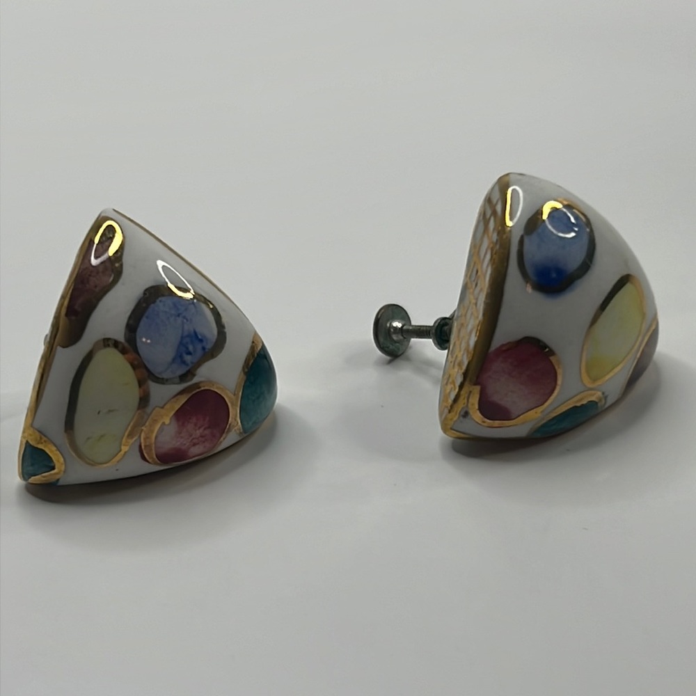 Vintage Porcelain Multicolored Gold Accent Earrings